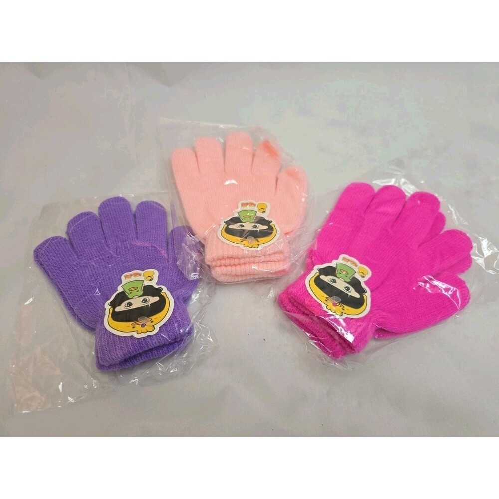 Lot of 3 New Kids Girls Knit Winter Gloves Pink Purple Stretch